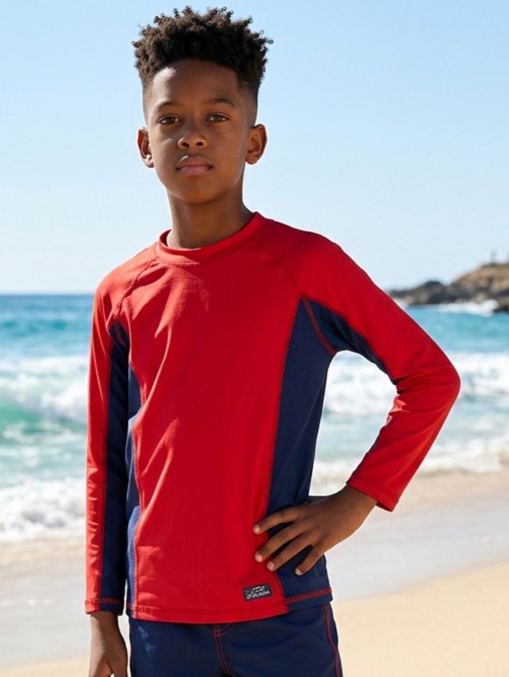 Spicy Tuna Youth XL Red/Blue Long Sleeve Swim Rash Guard UPF 50 Sun Protection